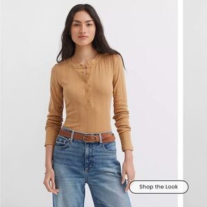 LOFT Camel Long Sleeve Henley Top